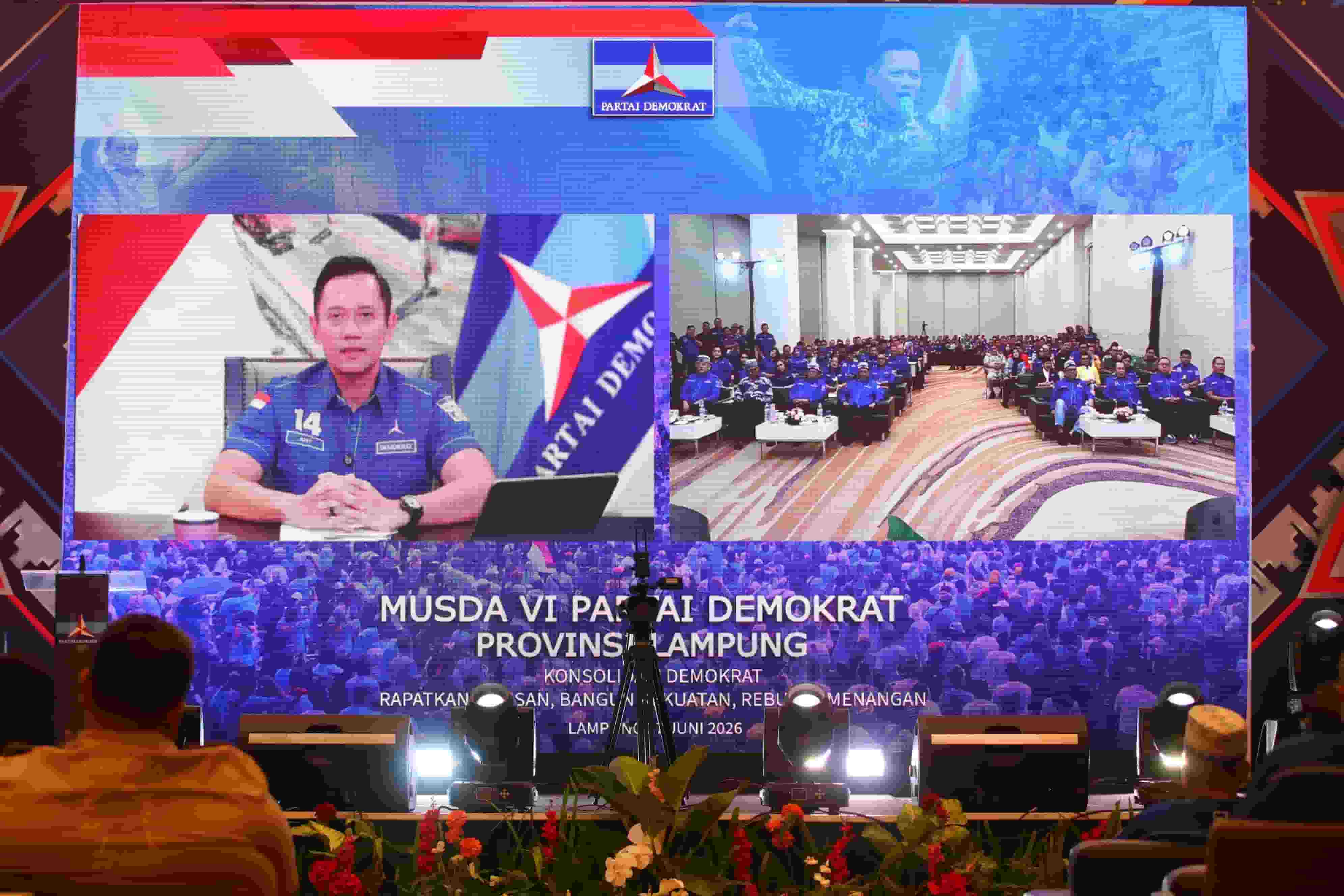 Ketua Umum Partai Demokrat Agus Harimurti Yudhoyono (AHY) memberikan arahan saat membuka Musda VI DPD Partai Demokrat Lampung di Hotel Grand Mercure, Bandar Lampung, Sabtu (27/6/2026).